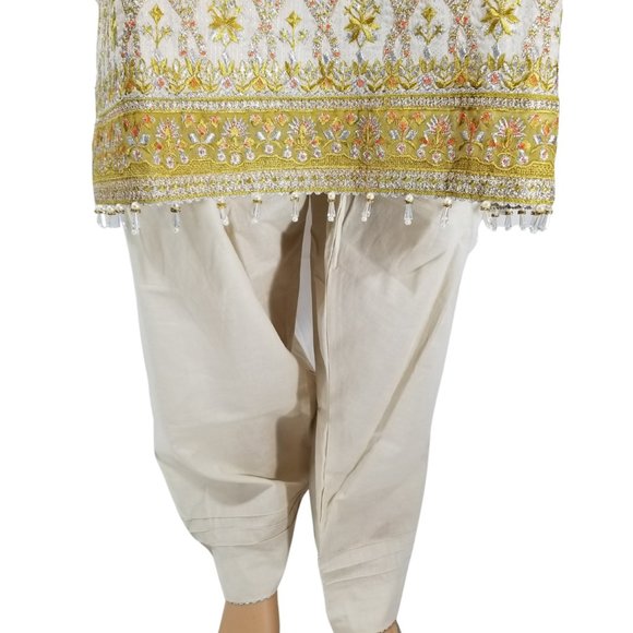 Large Pakistani Fancy Embroidered Jacquard Cotton Broshia Banarsi Shalwar Kameez - Picture 10 of 11